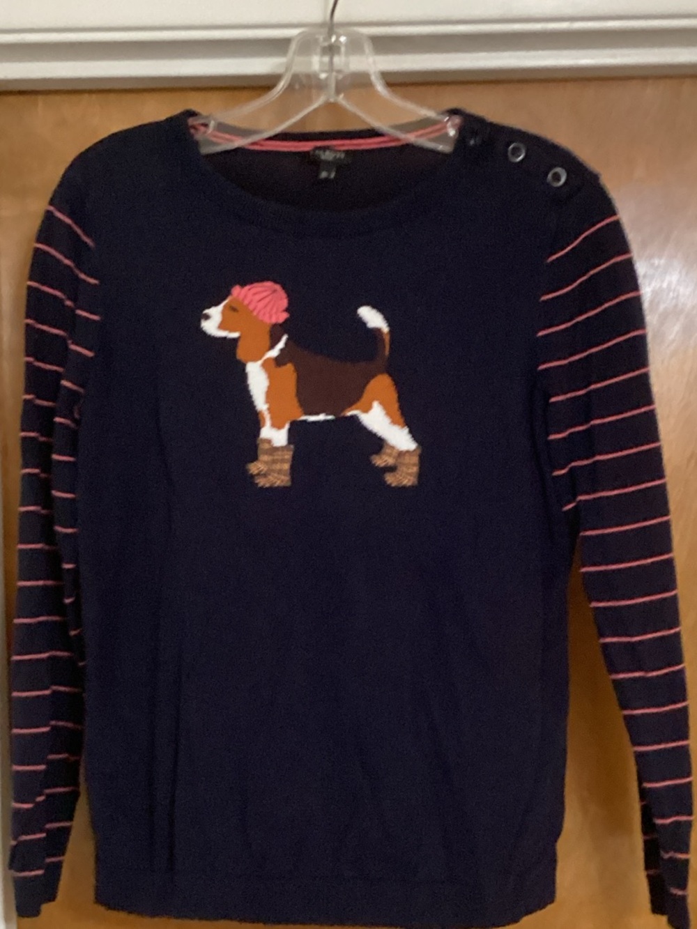 Talbots Vintage Beagle Size MP Navy Blue Long Sleeve Sweater w/Pink Stripes